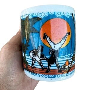 VTG Tropical Tri-Glaze Coffee Mug Fishermen Karate Sunset Ocean Beach Palm Tree